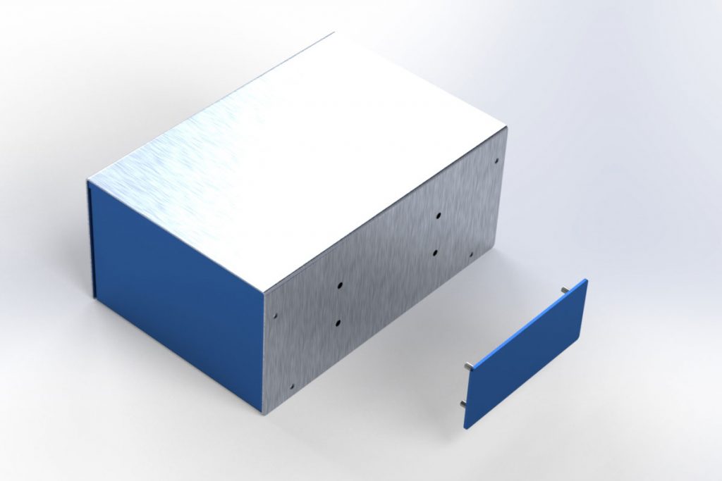 Render of a panel with concealed-head fasteners being installed on a custom enclosure.