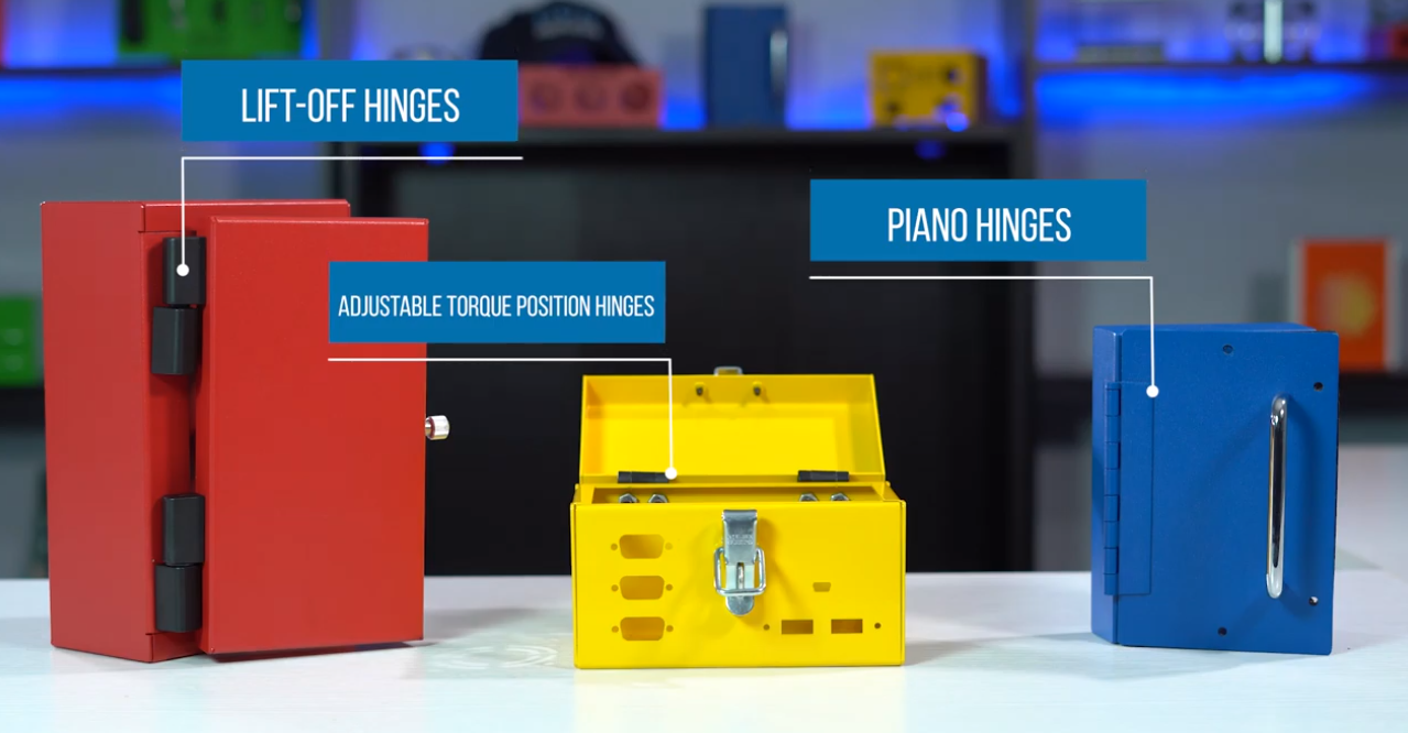 Hinges offered at Protocase: Lift-off hinges, adjustable torque position hinges and piano hinges