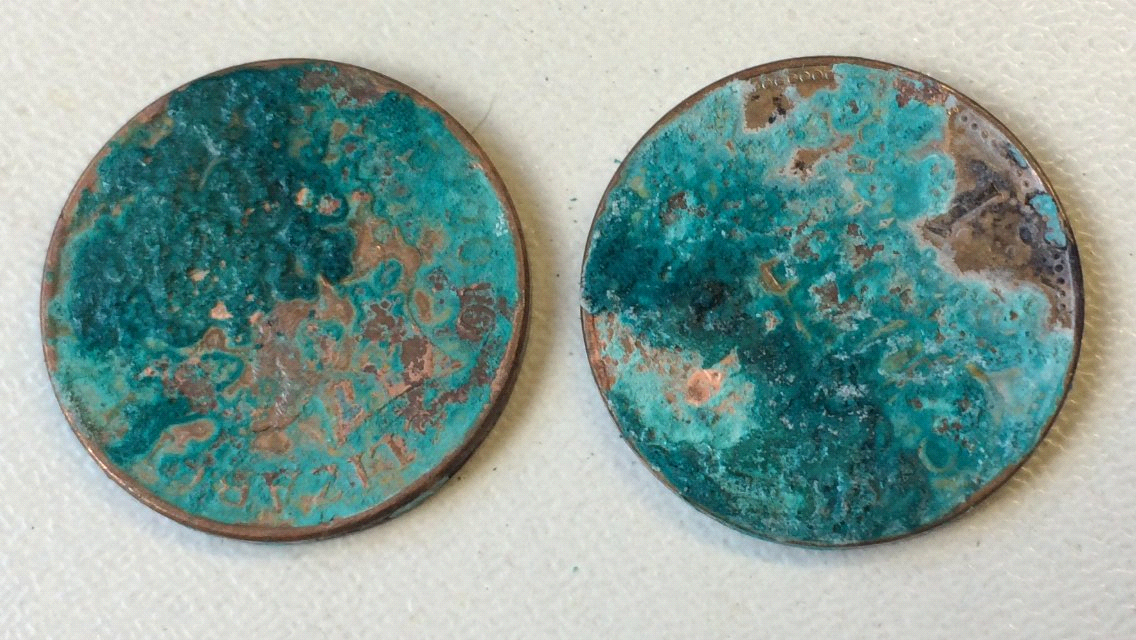 Pennies that have oxidized and turned to patina