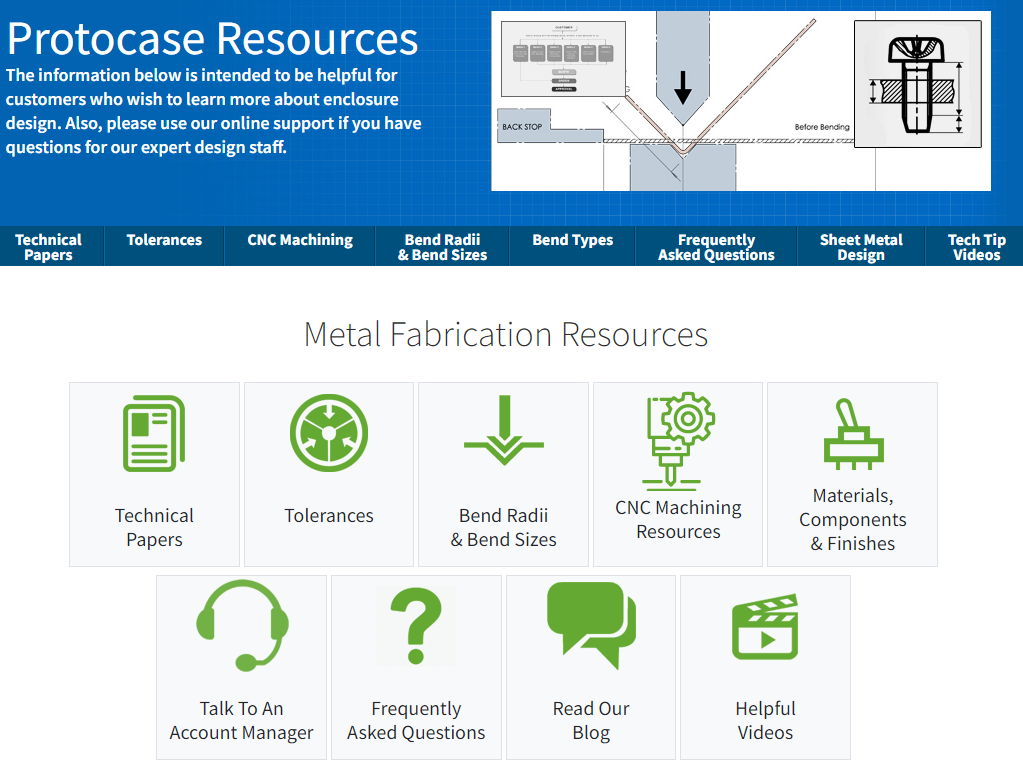 Screenshot of Protocase resources page