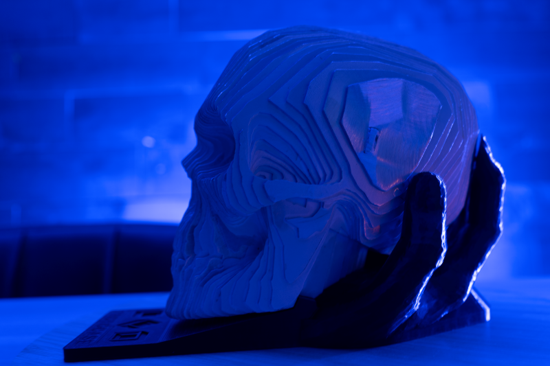 3D printed hand holding the Prototype 59 skull