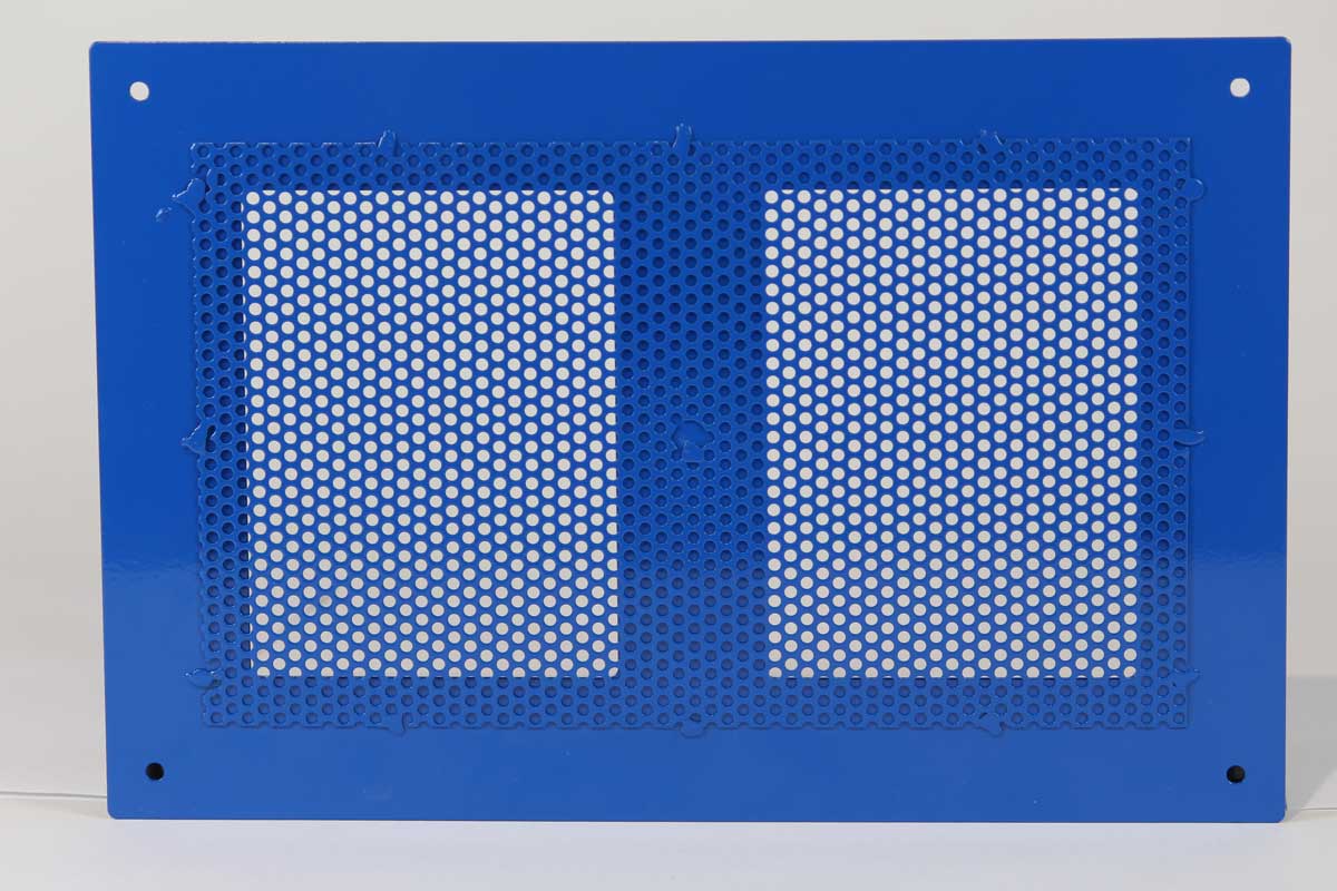 Backside of Perforated Aluminum Sheet Metal with High Gloss Traffic Blue Powdercoat, Fastened via Spot Weld