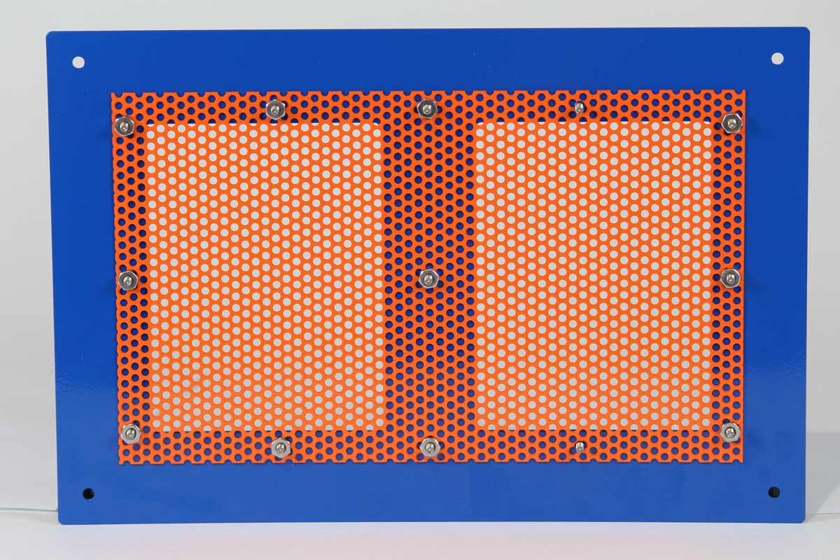 Backside of Perforated Aluminum Sheet Metal with High Gloss Safety Orange Powdercoat, Fastened via Self-Clinching Fasteners