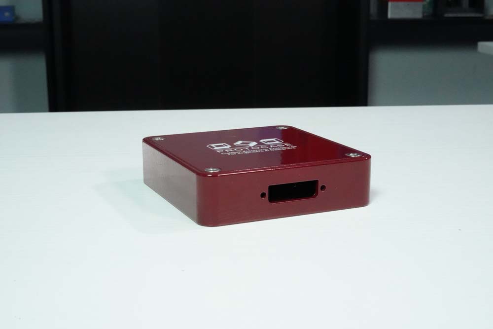 Machined enclosure with RAL 3005 Wine Red Powdercoat and Digital Print